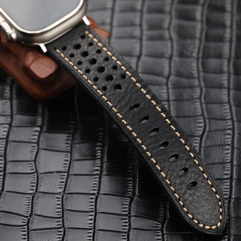 Bracelet montre cuir perforé, bracelet robuste style rétro, boucle acier inoxydable, confort quotidien et maintien précis, modèle Guénolé