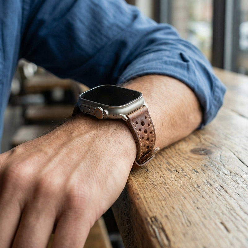 Bracelet montre cuir perforé, bracelet robuste style rétro, boucle acier inoxydable, confort quotidien et maintien précis, modèle Guénolé