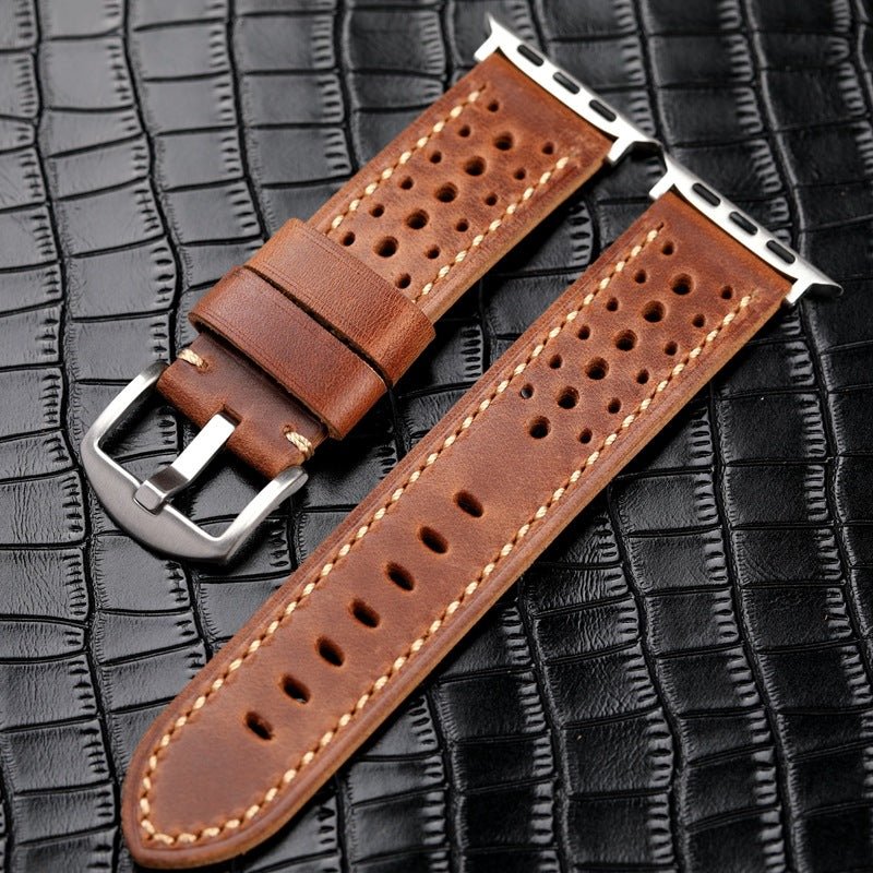 Genuine perforated leather watch strap, contrasting stitching, steel pin buckle, Guenole model