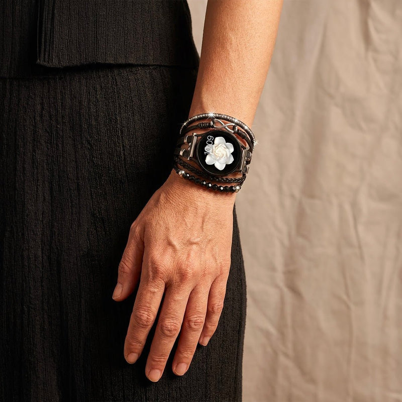 Bracelet montre multi-rangs noir en simili vegan avec perles argentées et motif infini, style chic pour Samsung 20mm.