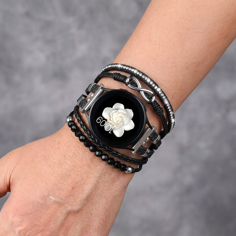 Bracelet montre multi-rangs noir en simili vegan avec perles noires et motif infini argenté pour Samsung 20mm.