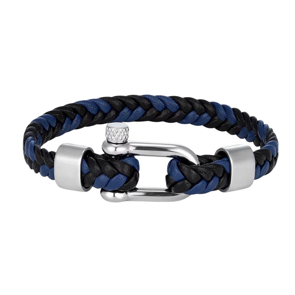 Bracelet homme cuir tressé bleu et noir, fermoir manille acier inoxydable poli, 8 mm large.