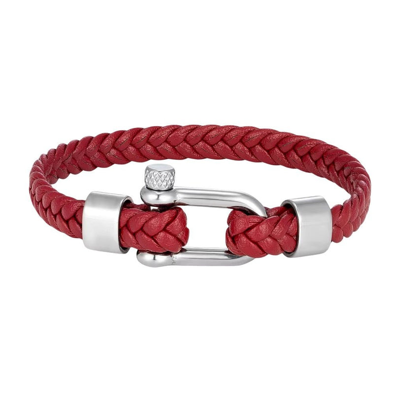 Bracelet homme en cuir rouge tressé 8 mm avec fermoir mousqueton en acier argenté, style manille moderne.
