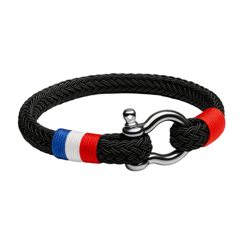 Bracelet homme noir en coton tressé avec fermoir mousqueton en acier inoxydable et détails drapeau français rouges et blancs.
