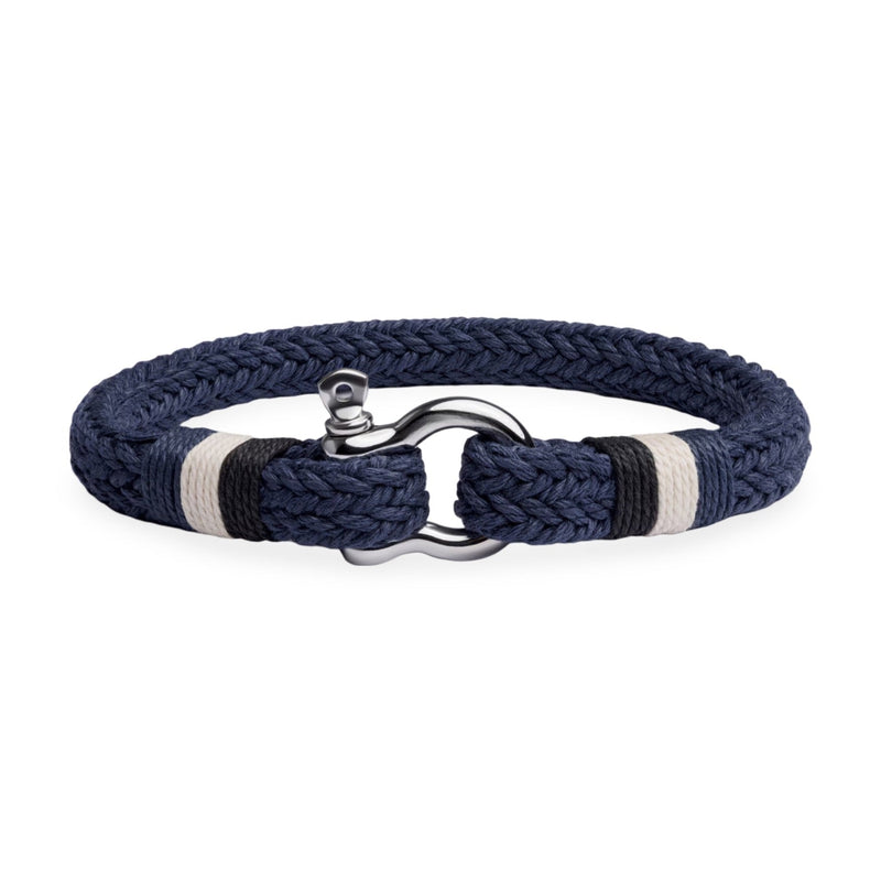 Bracelet homme en coton bleu marine tressé avec fermoir mousqueton acier inoxydable argenté.