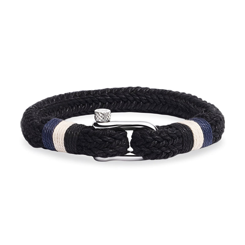 Bracelet homme noir en coton tressé avec mousqueton en acier inoxydable et détails blancs.