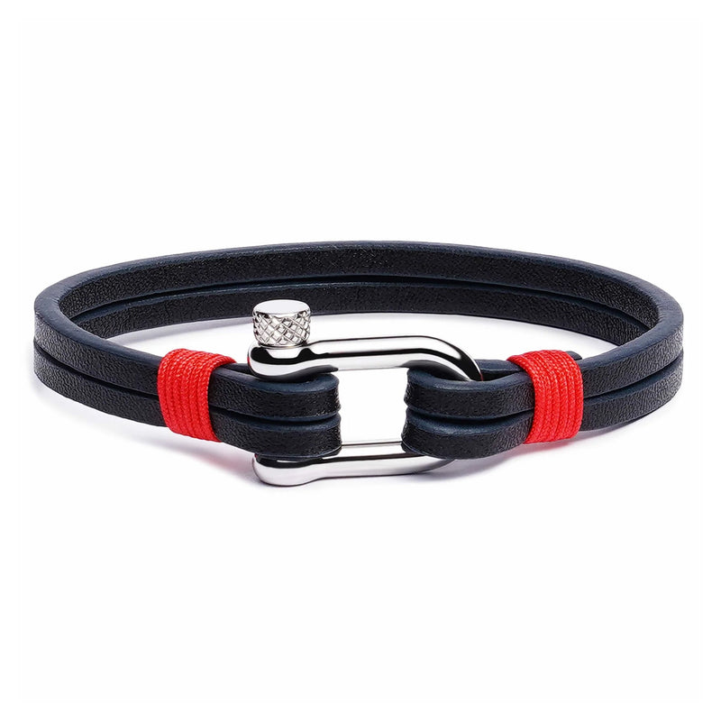 Bracelet en cuir noir avec mousqueton en acier inoxydable et détails rouges.
