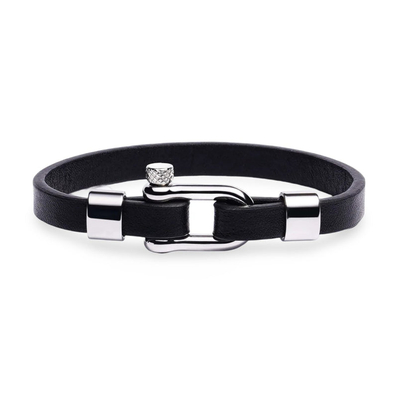Bracelet homme noir en cuir microfibre avec mousqueton en acier inoxydable, modèle Yari.