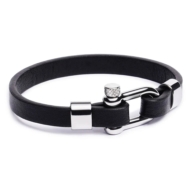 Bracelet homme noir en cuir microfibre avec fermoir mousqueton en acier inoxydable brillant.