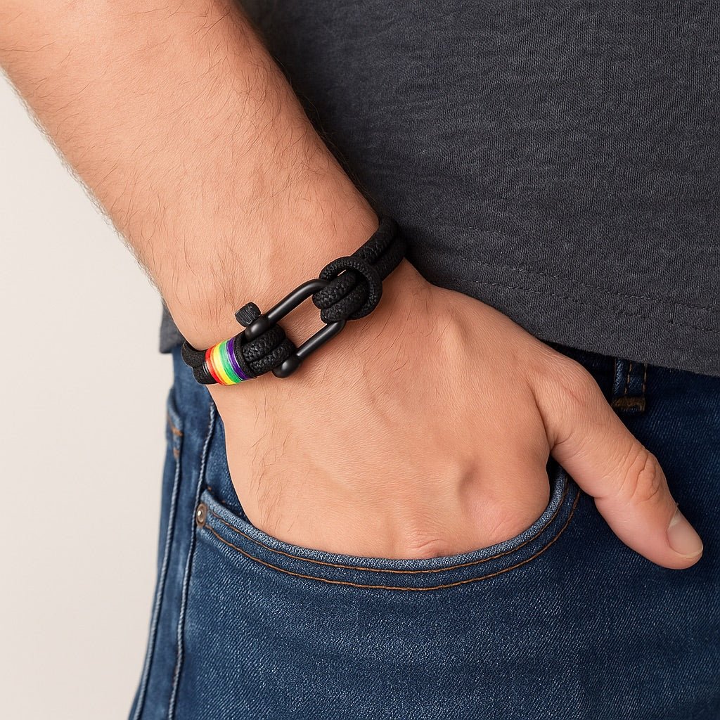 Bracelet noir en fil ciré arc-en-ciel avec mousqueton en acier inoxydable, style décontracté.
