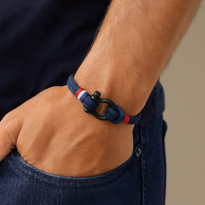 Pulsera con mosquetón, de nailon y acero inoxidable, para hombre, hilo encerado azul blanco rojo, modelo Amico