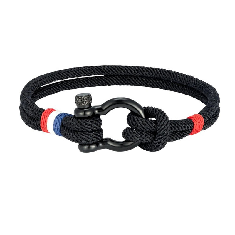 Bracelet homme en nylon bleu marine fil ciré bleu blanc rouge avec mousqueton en acier noir.