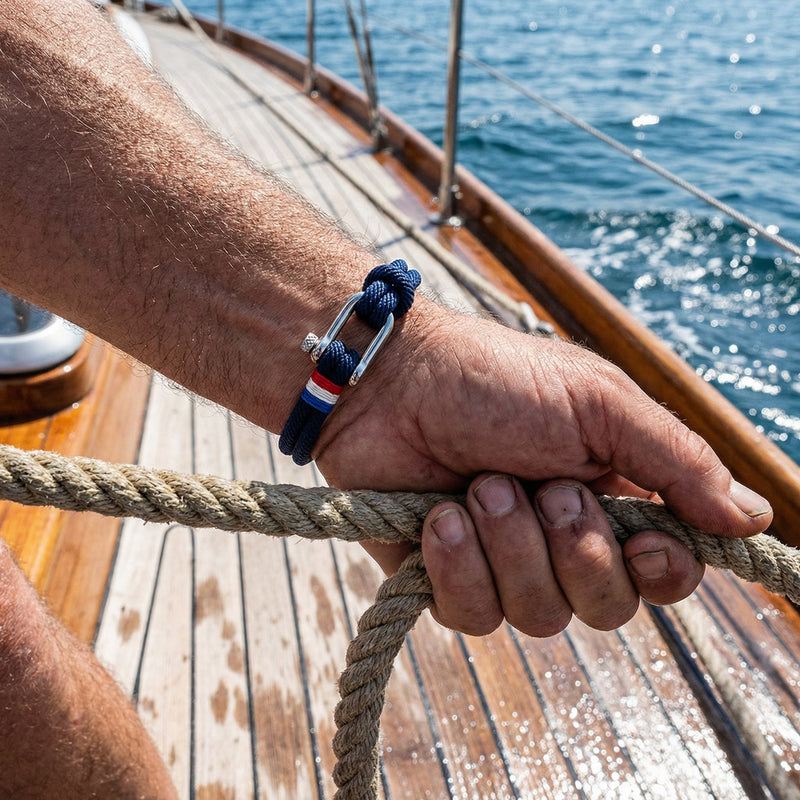 Bracelet mousqueton, fermoir à manille, au couleurs tricolores, drapeau français, modèle Albator
