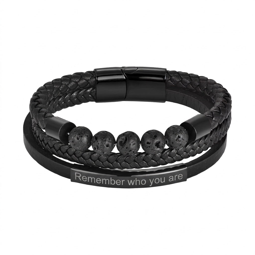 Bracelet multi rang en croûte de cuir noir, pierres volcaniques et acier inoxydable, gravure personnalisée offerte, modèle Roks