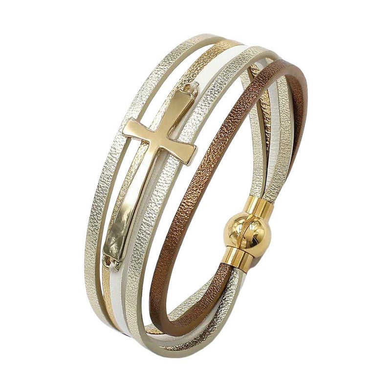 Damen Multi-Layer-Armband mit christlichem Kreuz, aus Leder, eleganter goldfarbener Magnetverschluss, Modell Sérénya
