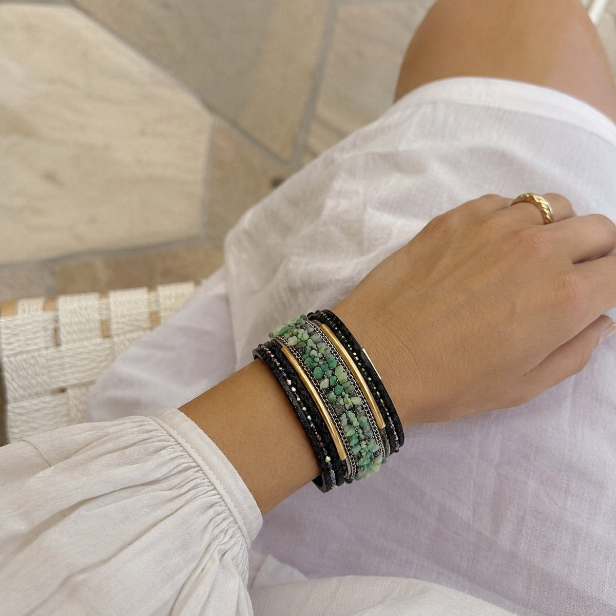 Bracelet multi-rang orné de pierres naturelles, fermoir magnétique, style bohème, pour femme, modèle Bermina