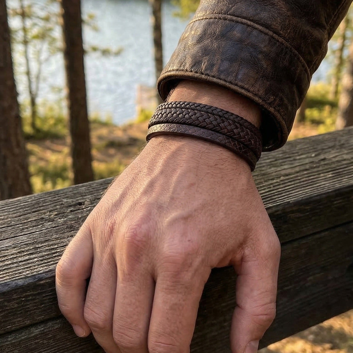 Bracelet multi-rangs tresse et texture aspect serpent, fermoir magnetique, pour homme, modele Jody