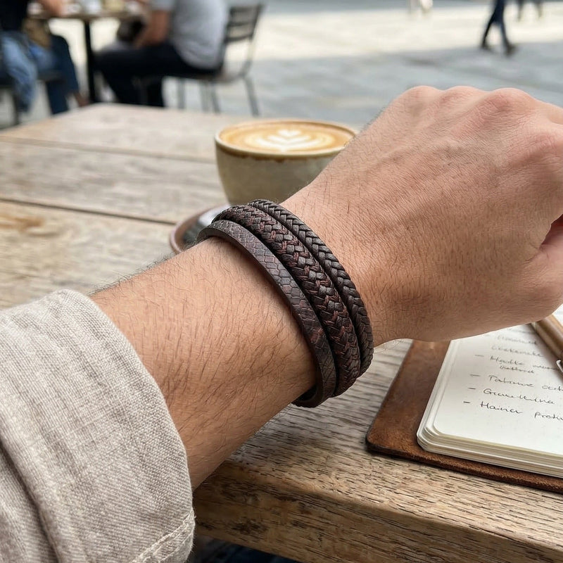 Bracelet multi rangs cuir homme, bracelet tressé et texturé aspect serpent, accessoire masculin tendance, modèle Jody