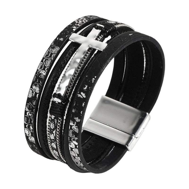 Bracelet multi rangs en cuir avec croix métallique, fermoir magnétique, design texturé et strass, modèle Katarine