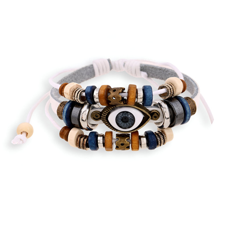Bracelet multi-rangs en cuir marron et beige avec perles bleues, blanches, et pendentif œil de protection noir et blanc.