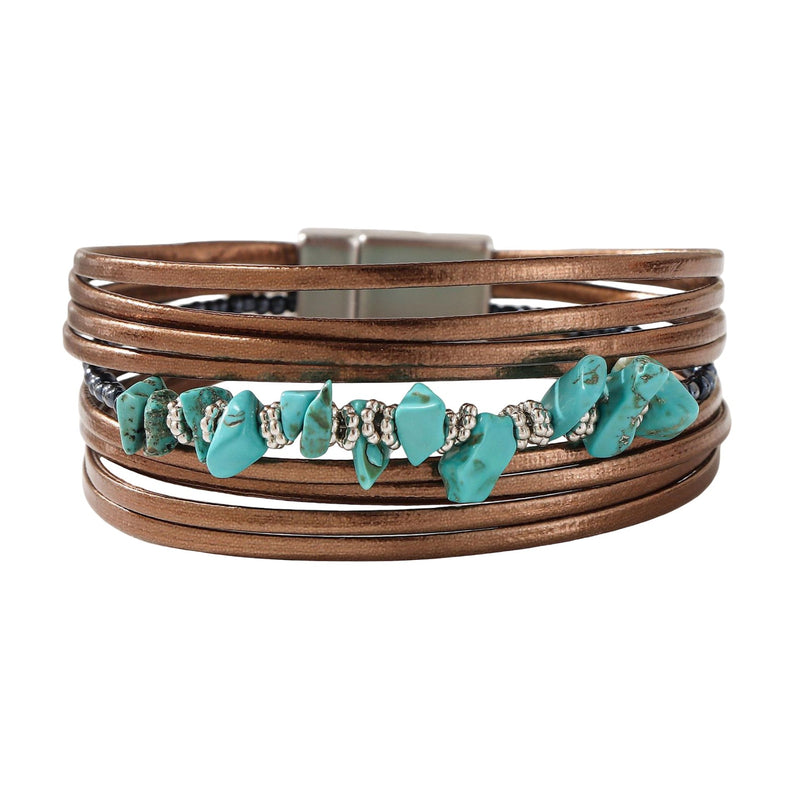 Bracelet multi-rangs en cuir, pierres turquoise naturelles et fermoir magnétique, style bohème chic, modèle Tyrelle