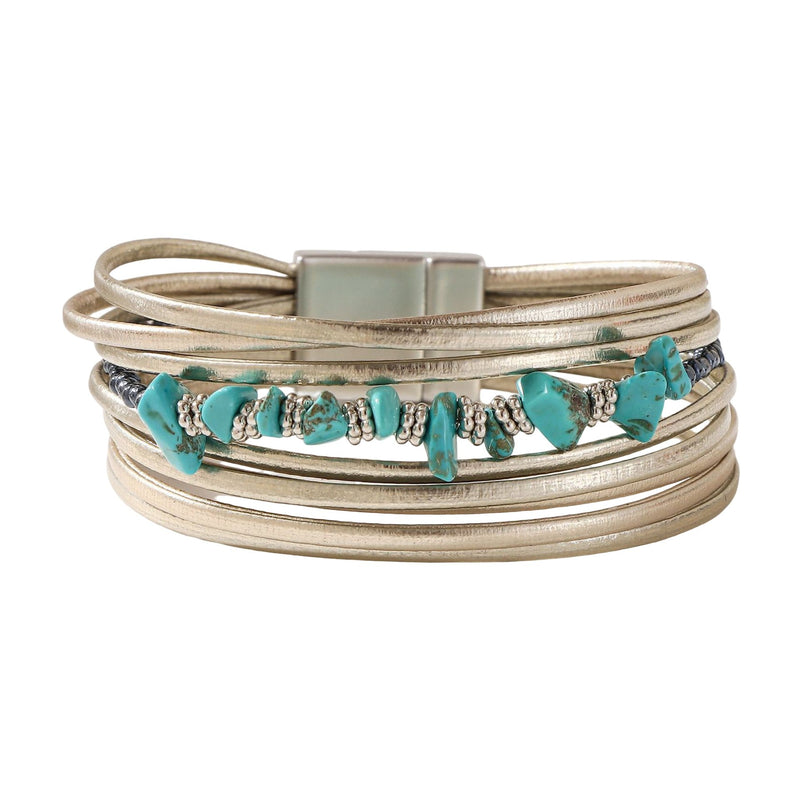 Bracelet multi-rangs en cuir, pierres turquoise naturelles et fermoir magnétique, style bohème chic, modèle Tyrelle