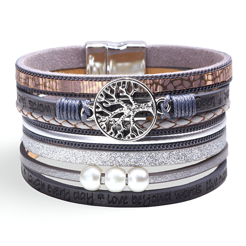 Bracelet multi-rangs en microfibre marron et noir avec breloque arbre de vie argentée et perles nacrées.
