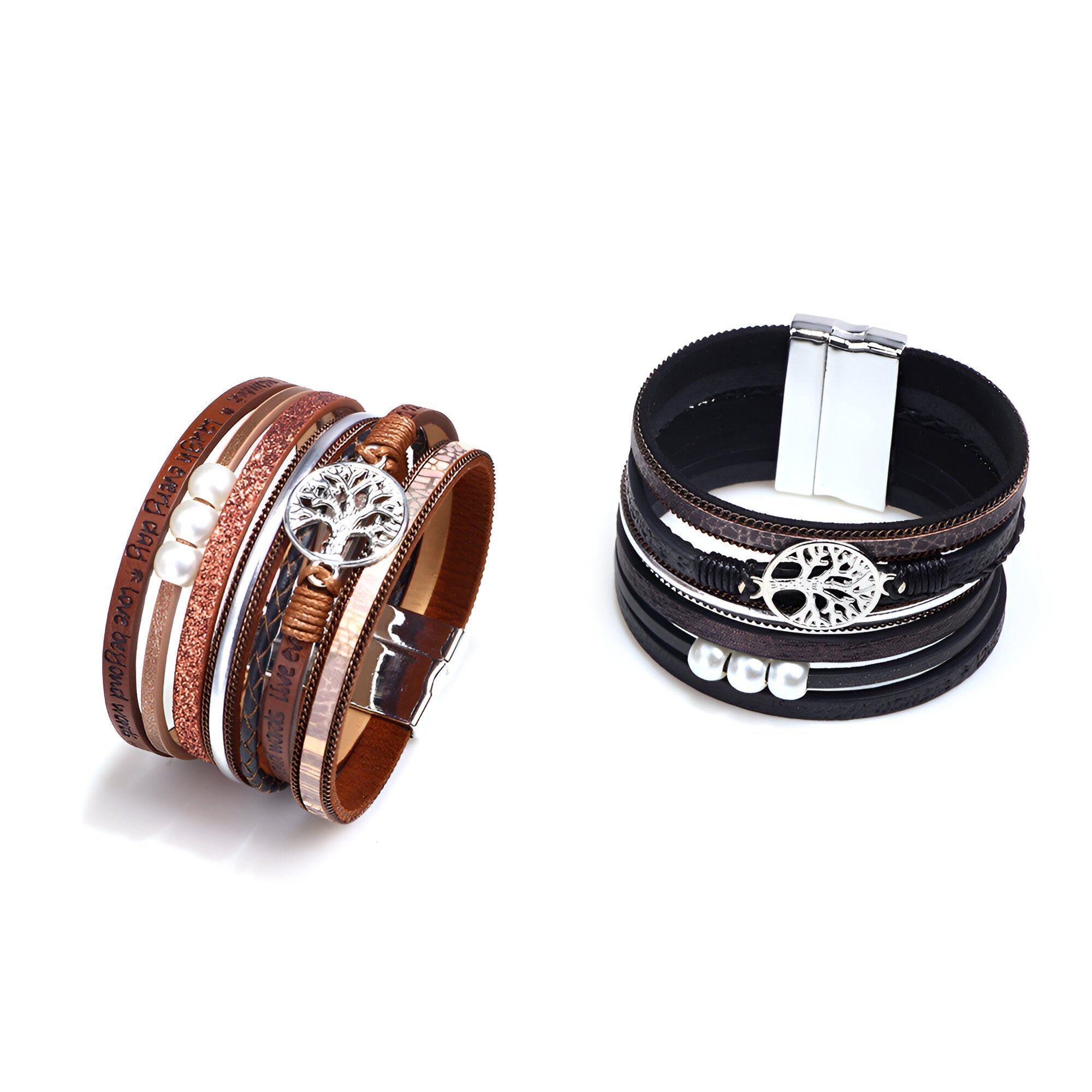 Bracelet multi-rangs marron en microfibre avec pendentif arbre de vie argenté et détails perlés .