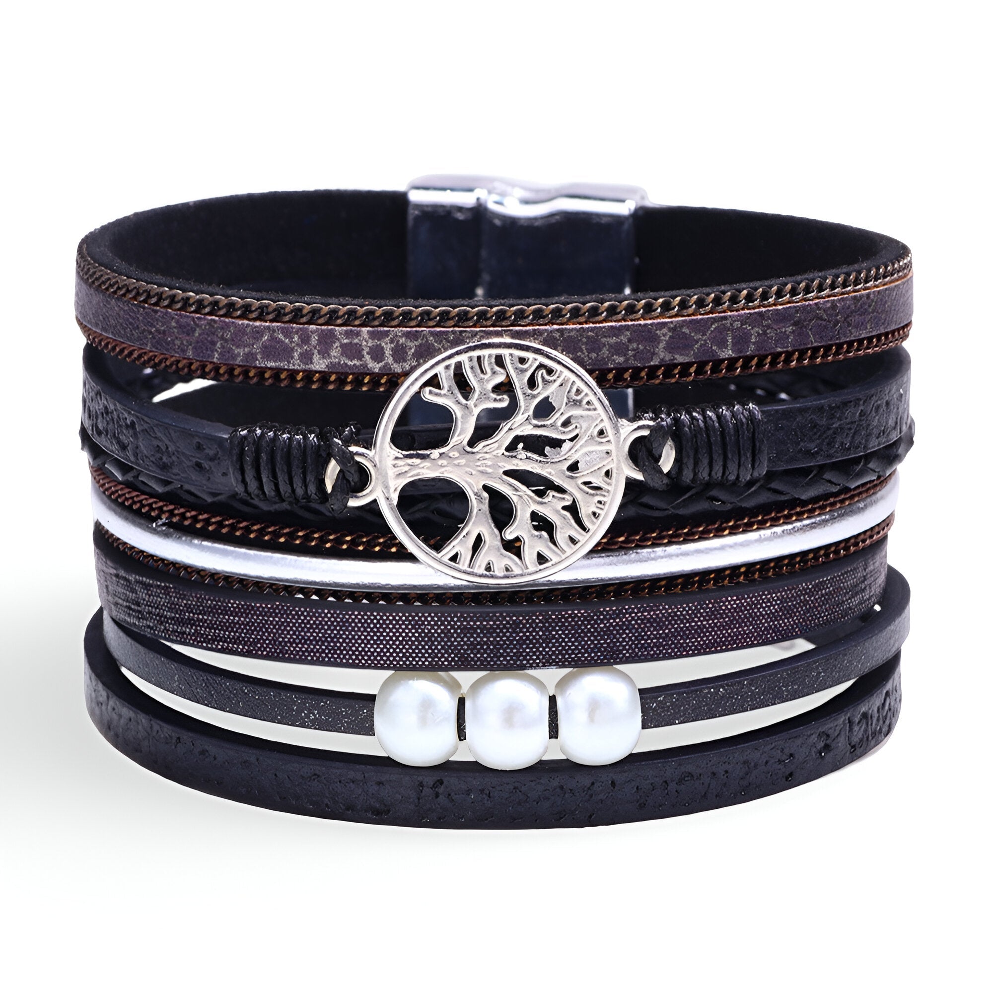 Bracelet multi-rangs noir en microfibre avec pendentif arbre de vie argenté et perles blanches.