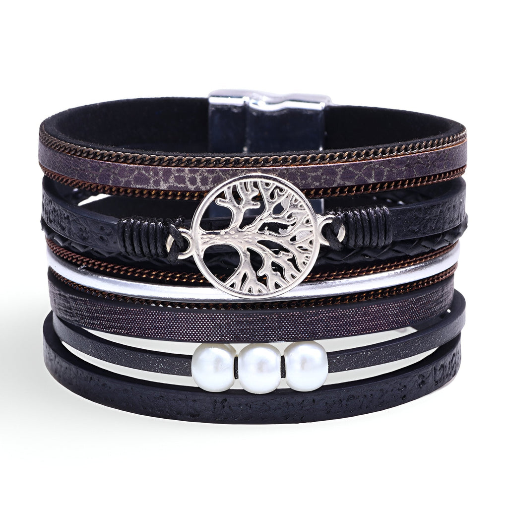 Bracelet multi-rangs noir en microfibre avec pendentif arbre de vie argenté et perles blanches.