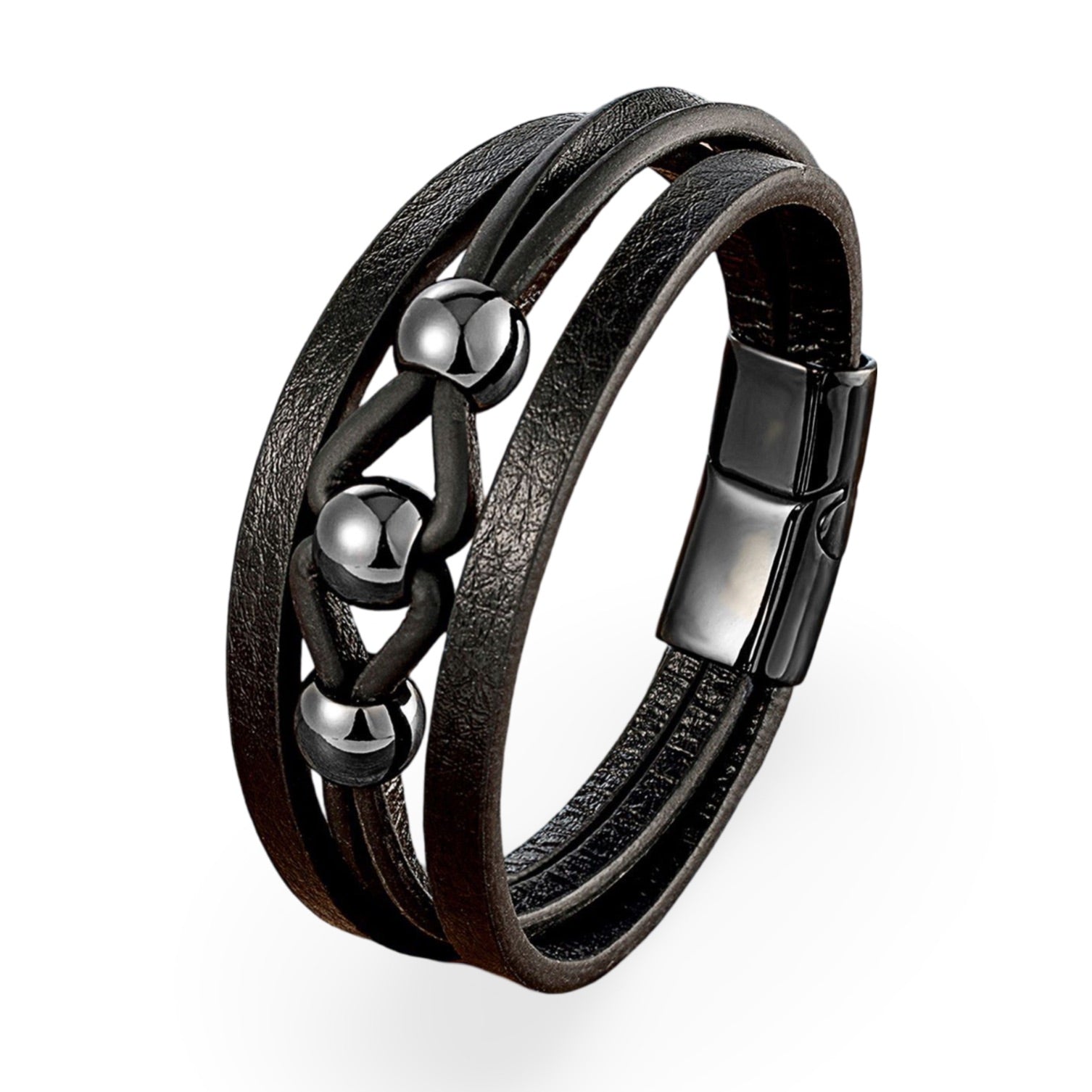 Bracelet multi-rangs en microfibre noire avec breloques métalliques argentées et fermoir magnétique noir.