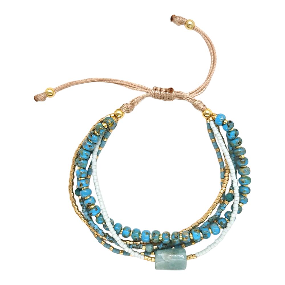 Bracelet multi-rangs en perles de verre du Japon, cordon ajustable avec détails en cuivre, éclat naturel pour le poignet, modèle Hitaya