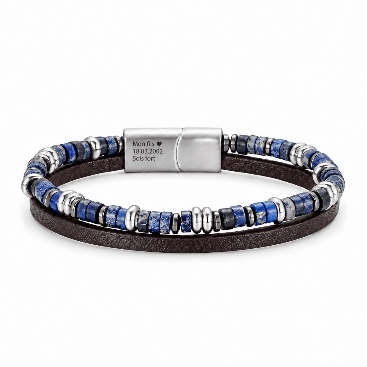 Packshot studio bracelet Jamy Lapis lazuli 1, vue de face sur fond blanc. — gravure source restaurée 8 octobre 2026