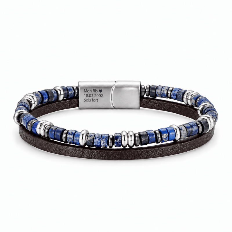 Packshot studio bracelet Jamy Lapis lazuli 1, vue de face sur fond blanc. — gravure source restaurée 8 octobre 2026
