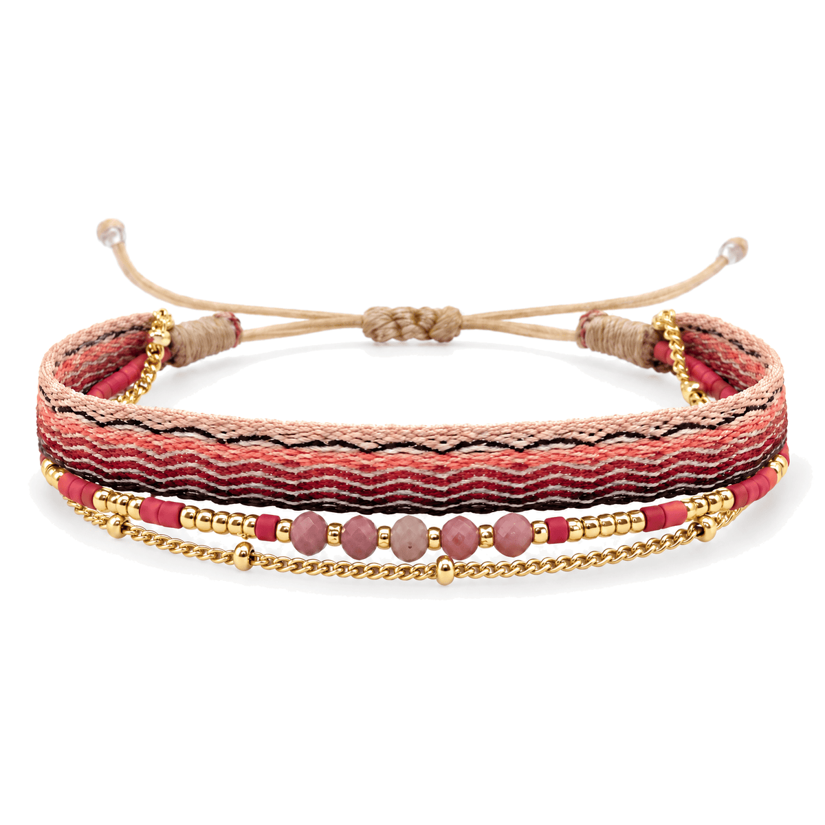 Packshot studio bracelet Thaliane Rhodochrosite, vue frontale basse, chaîne unique, fond blanc pur — correction 9 octobre 2026
