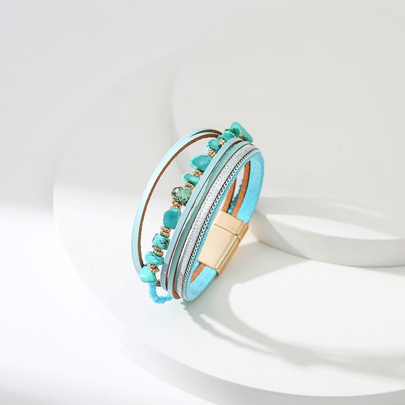 Bracelet multi-rangs bohème, pierres naturelles et lanières, fermoir magnétique doré, modèle Estie