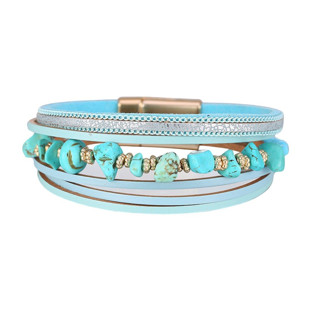 Bracelet multi-rangs bohème, pierres naturelles et lanières, fermoir magnétique doré, modèle Estie