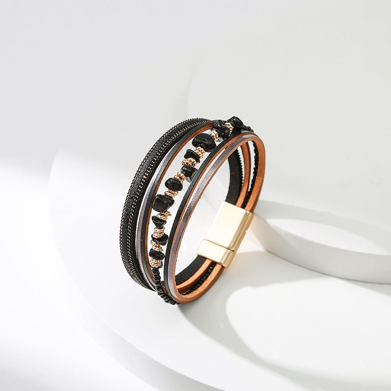 Bracelet multi-rangs bohème, pierres naturelles et lanières, fermoir magnétique doré, modèle Estie