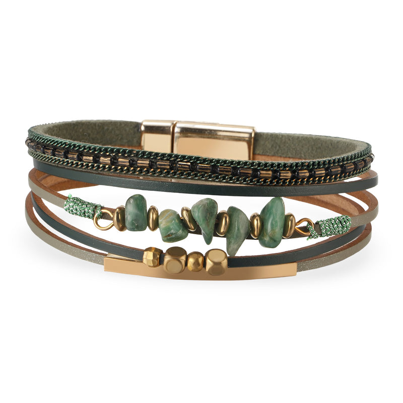 Bracelet multi-rangs marron avec pierres naturelles vertes et métal doré style bohème Hailey.