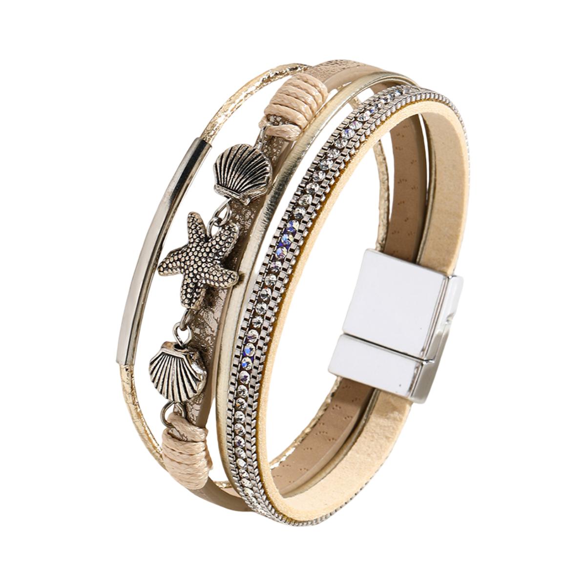 Bracelet manchette multi-rangs, breloques étoile de mer et coquillages, strass, pour femme, modèle Nolda