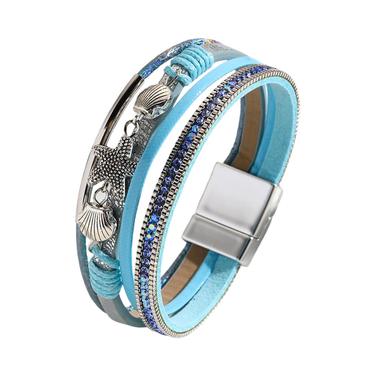 Multi-rækket damearmbånd, veganske sommer smykker, manchet med magnetlås, armbånd med muslingeskal og søstjerne, elegant håndledstilbehør, model Nolda