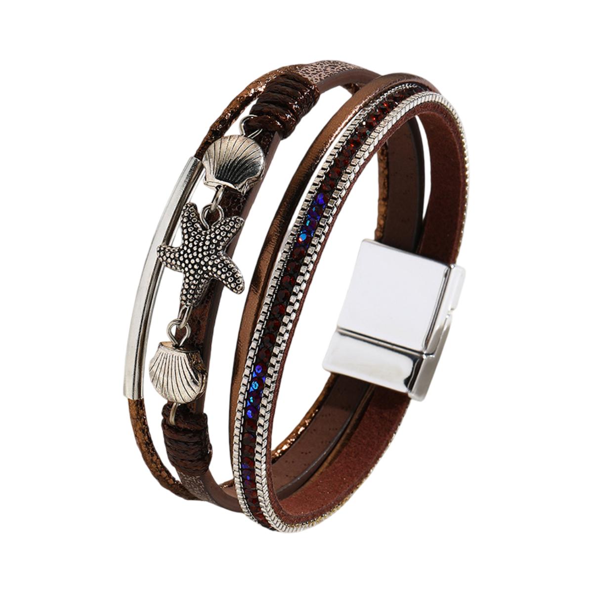 Bracelet manchette multi-rangs, breloques étoile de mer et coquillages, strass, pour femme, modèle Nolda
