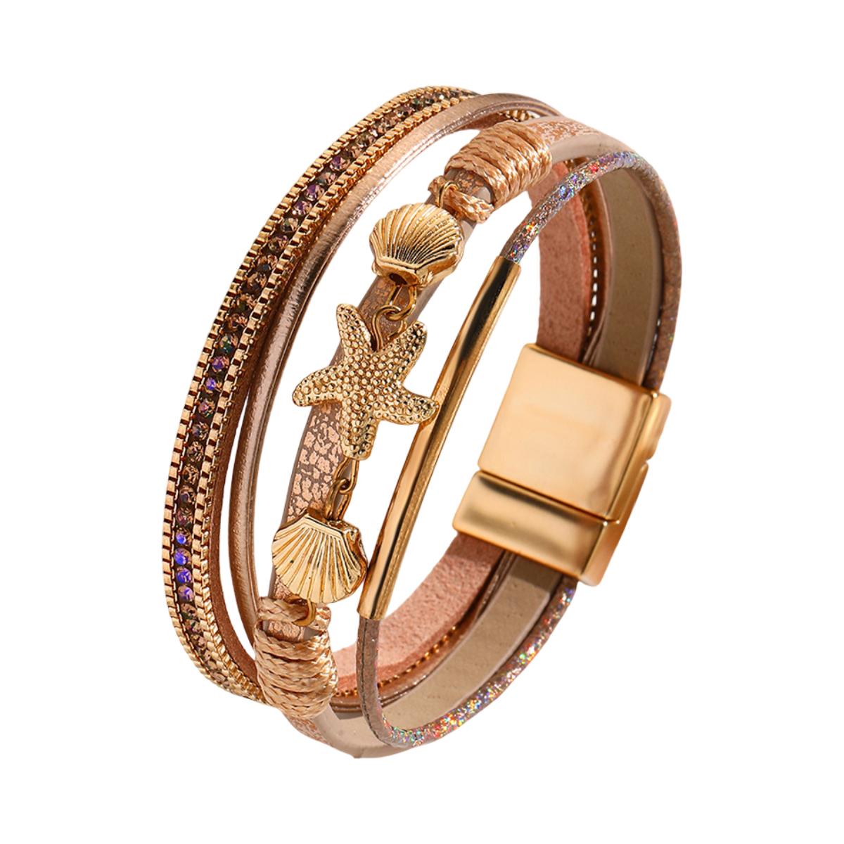 Bracelet manchette multi-rangs, breloques étoile de mer et coquillages, strass, pour femme, modèle Nolda