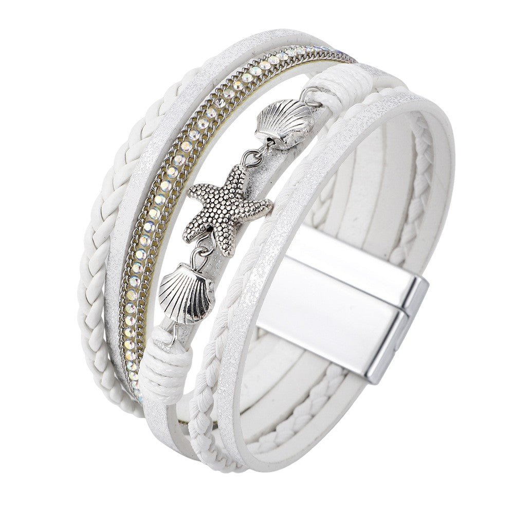 Bracelet multi-rangs tressé, breloques étoile de mer et coquillages, fermoir magnétique, pour femme, modèle Toria