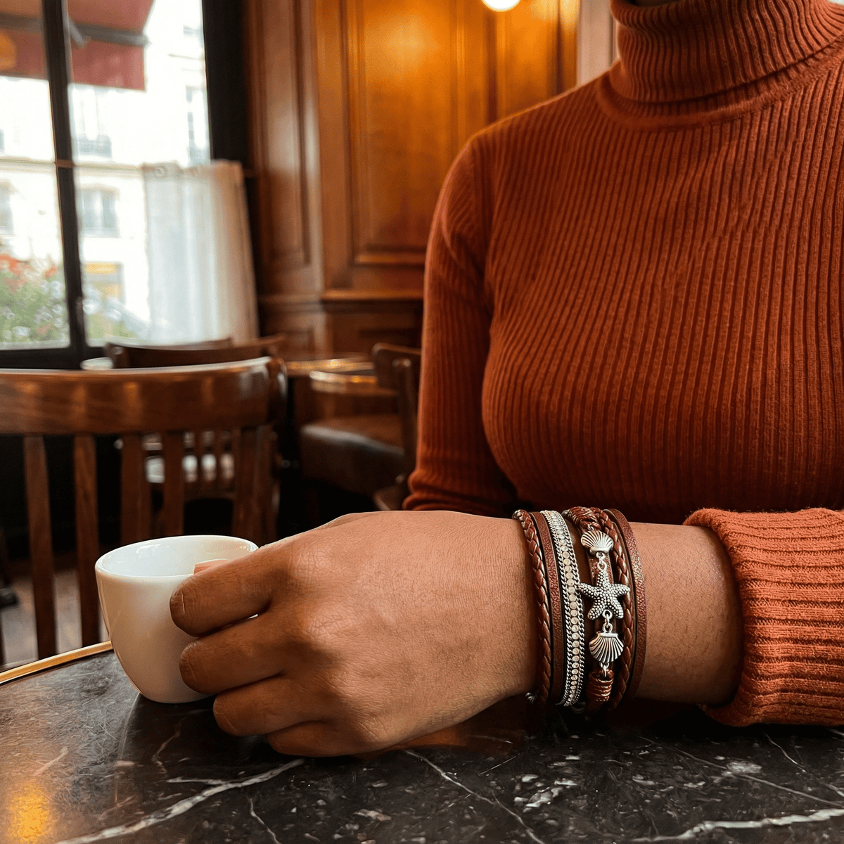 Bracelet multi-rangs tressé, breloques étoile de mer et coquillages, fermoir magnétique, pour femme, modèle Toria