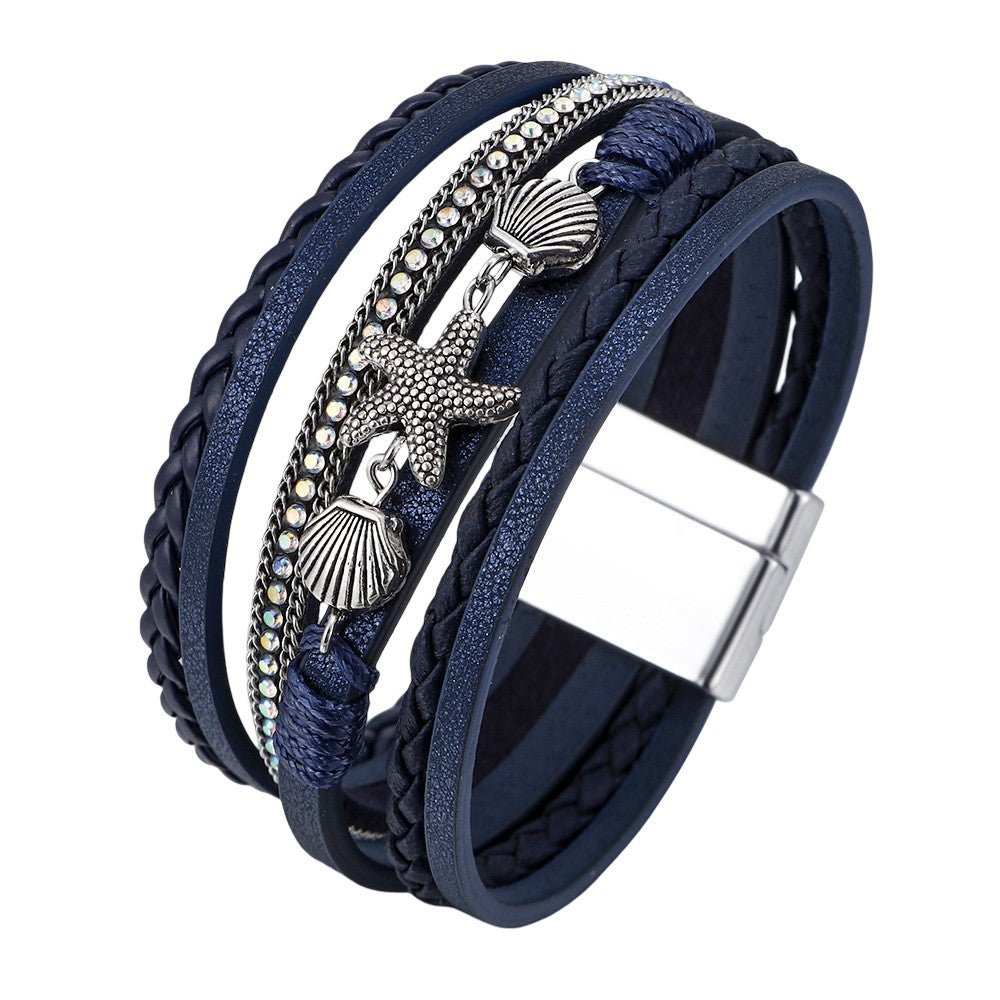 Bracelet multi-rangs tressé, breloques étoile de mer et coquillages, fermoir magnétique, pour femme, modèle Toria