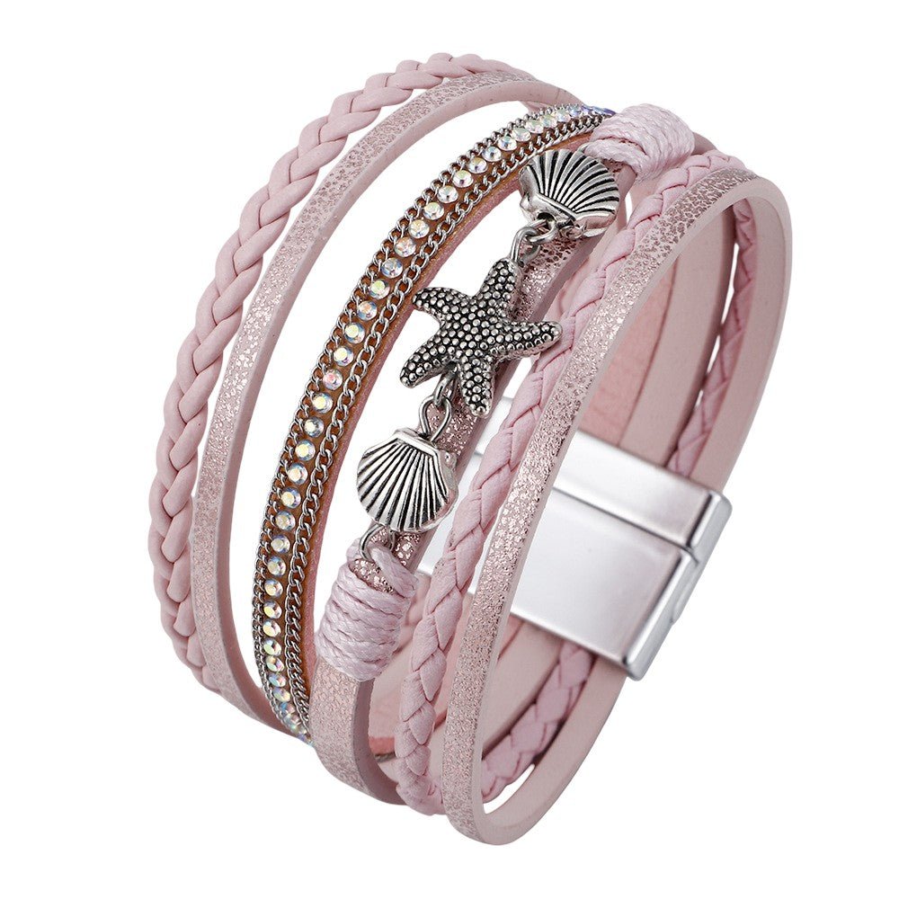 Bracelet multi-rangs tressé, breloques étoile de mer et coquillages, fermoir magnétique, pour femme, modèle Toria