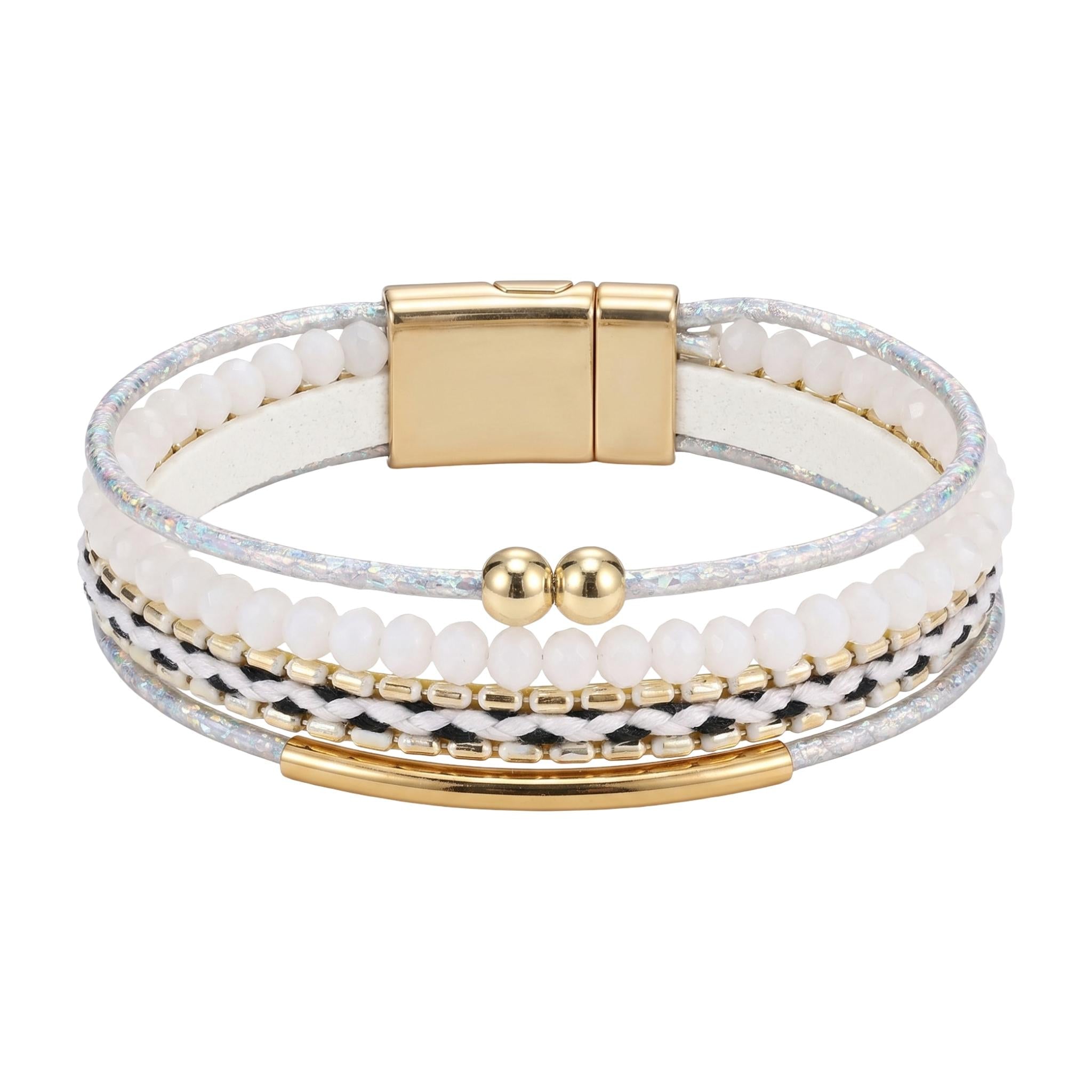 Women's multi-strand bracelet, sparkling crystals, magnetic clasp, gold-tone alloy, textured straps, Losiane model