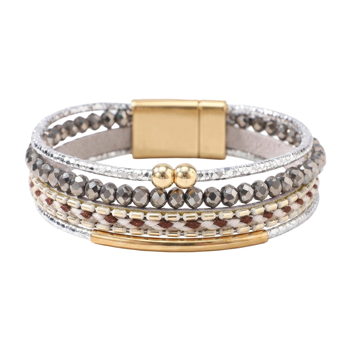 Bracciale multi-filo bohémien, perle sfaccettate e cordoncini intrecciati, chiusura magnetica dorata, per donna, modello Losiane