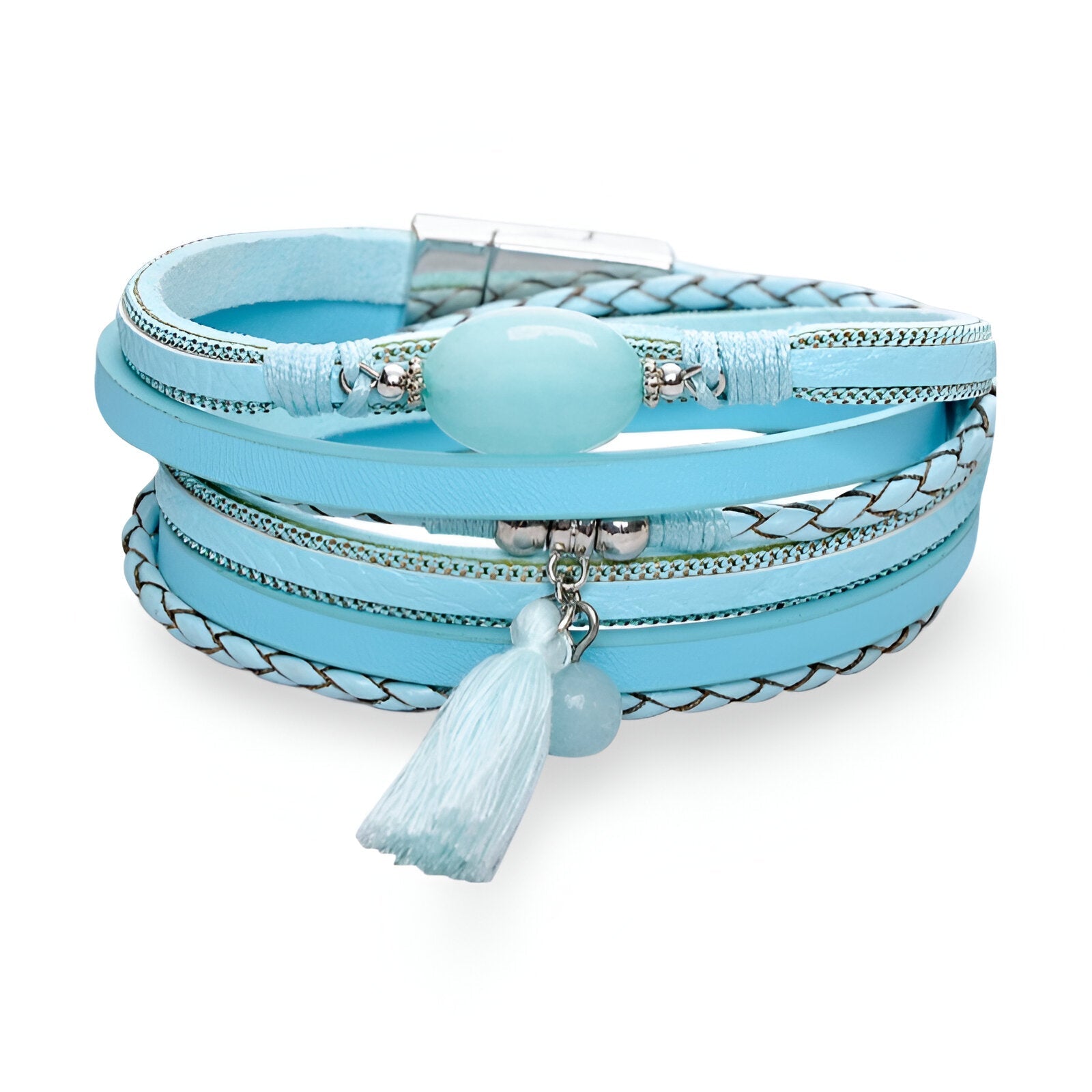 Bracelet multi-rangs bleu ciel en cuir et corde, pierre d'agate ovale, pompon en fils assortis.